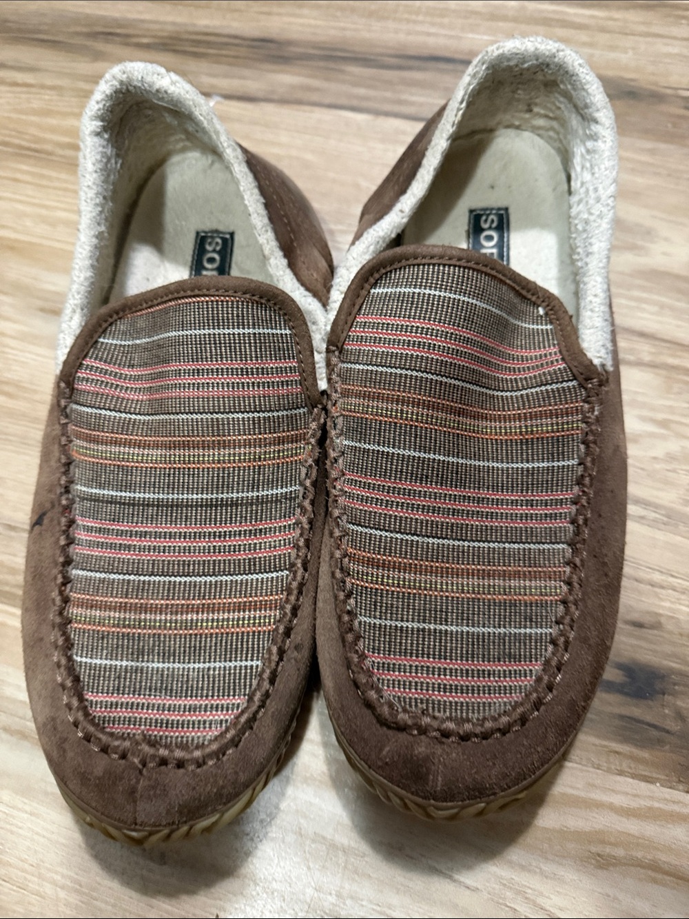 Sorel Men’s Brown Slip-On Moccasins with Striped Fabric Top